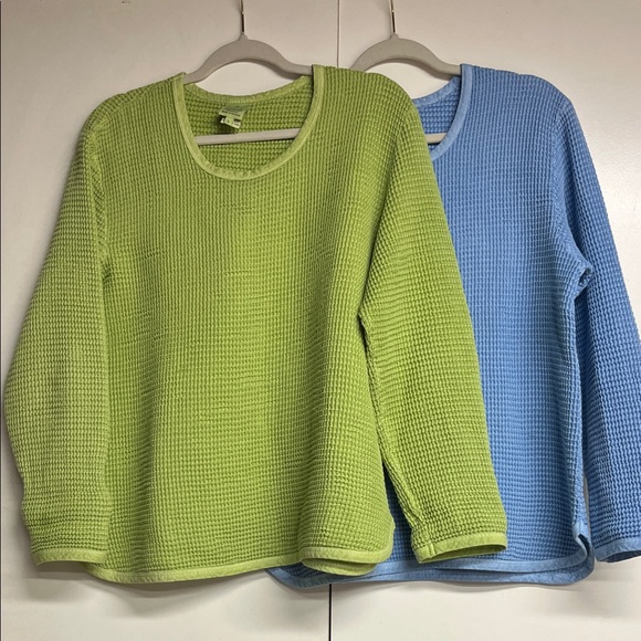 Focus Sweaters - Focus Bundle of Waffle Knit 100% Cotton Tops, Green + Blue, Women’s Large